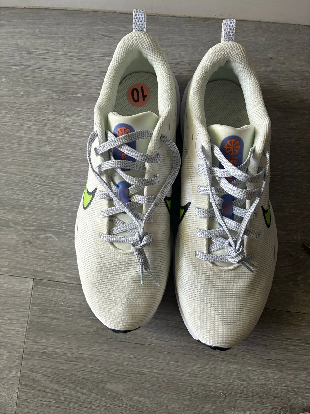 Nike Kids White Sneakers with Neon Lime Swoosh and Blue-White Laces